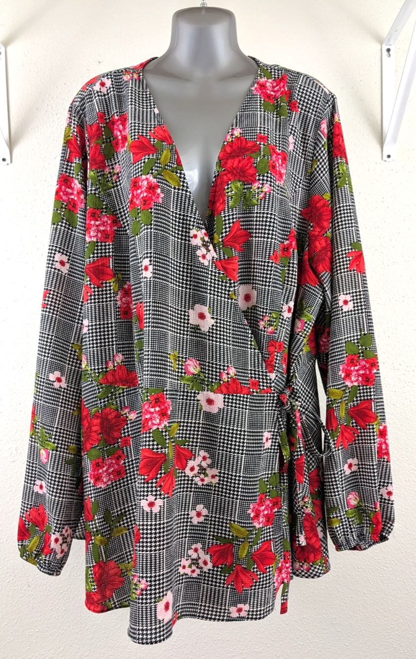 City Chic sz XL 22 Wrap Shirt ties floral print long bubble sleeve top 4634